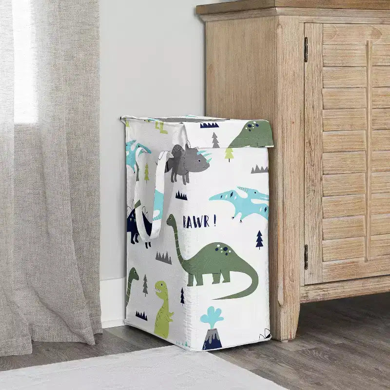 Panier à linge pliable pour garçon avec poignées, motif dinosaure moderne bleu et vert