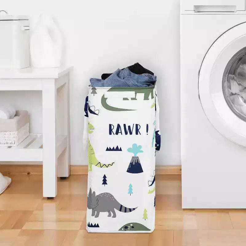 Panier à linge pliable pour garçon avec poignées, motif dinosaure moderne bleu et vert