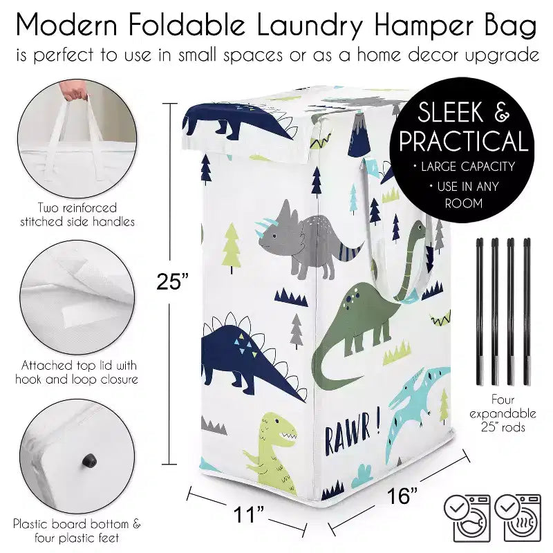 Panier à linge pliable pour garçon avec poignées, motif dinosaure moderne bleu et vert