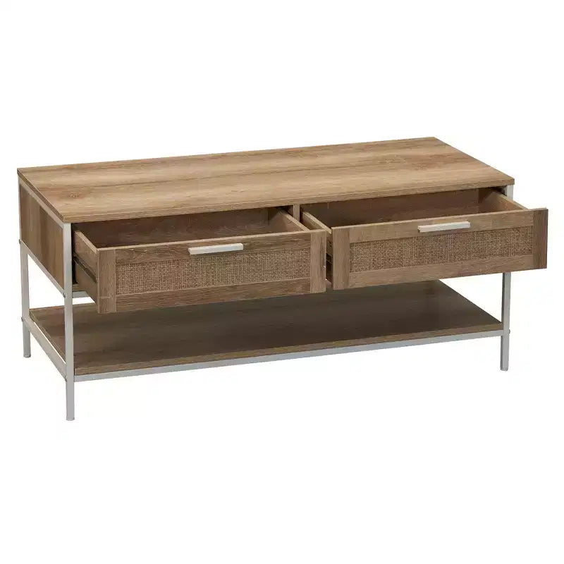 Table basse rectangulaire Bungalow avec étagère de rangement et 2 tiroirs