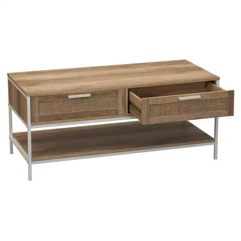 Table basse rectangulaire Bungalow avec étagère de rangement et 2 tiroirs