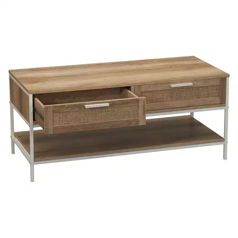 Table basse rectangulaire Bungalow avec étagère de rangement et 2 tiroirs