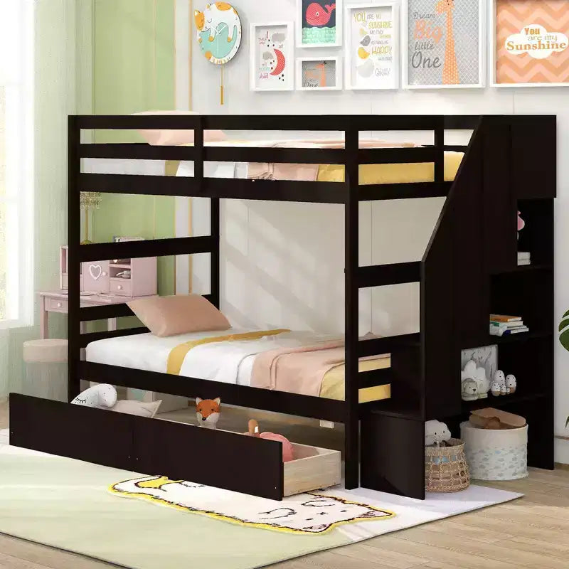 Costway Twin Over Twin Bunk Bed with Storage Stairs & Drawers Full-length Guardrails White/Gray/Brown