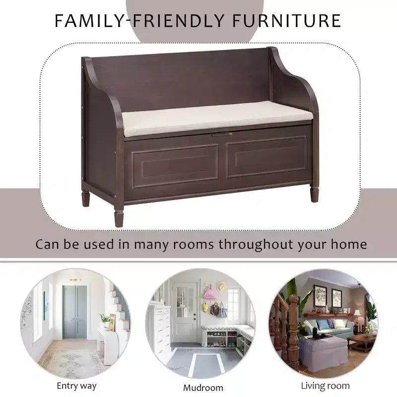 Banc de rangement multifonctionnel de style rustique pour entrée avec espace de rangement caché et charnière de sécurité