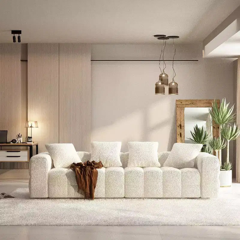 100.8W Famapy Modern 4-Seat White Teddy Velvet Sofa with Solid Wood Base