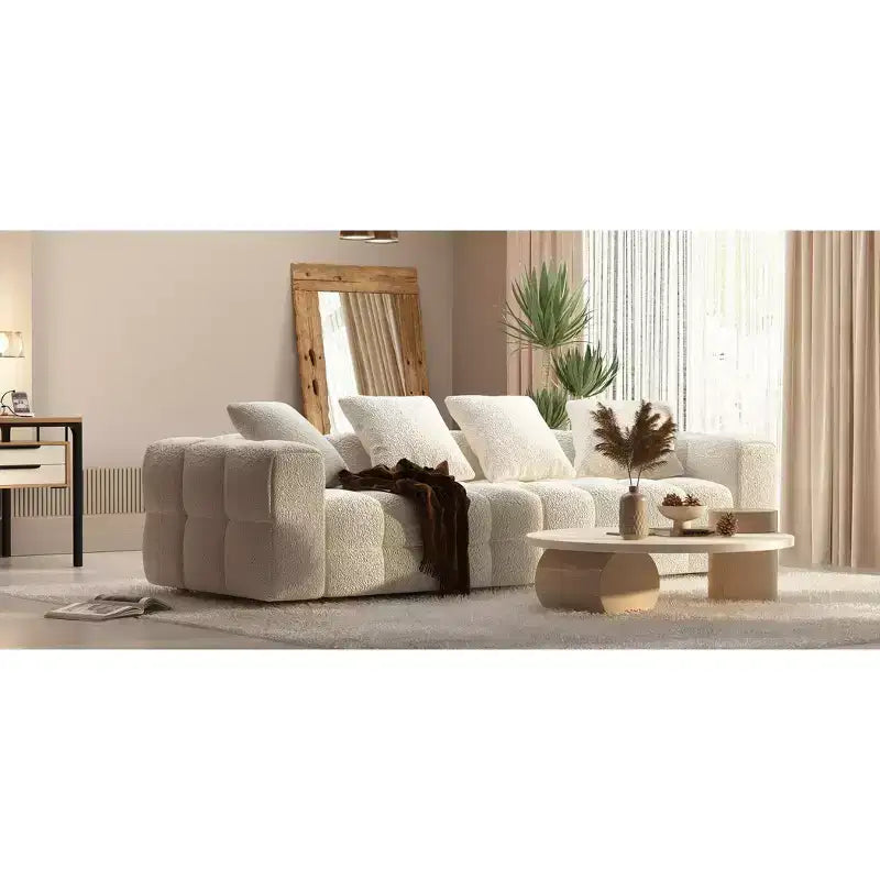 Canapé moderne 4 places en velours blanc « Teddy » 100,8 W avec base en bois massif