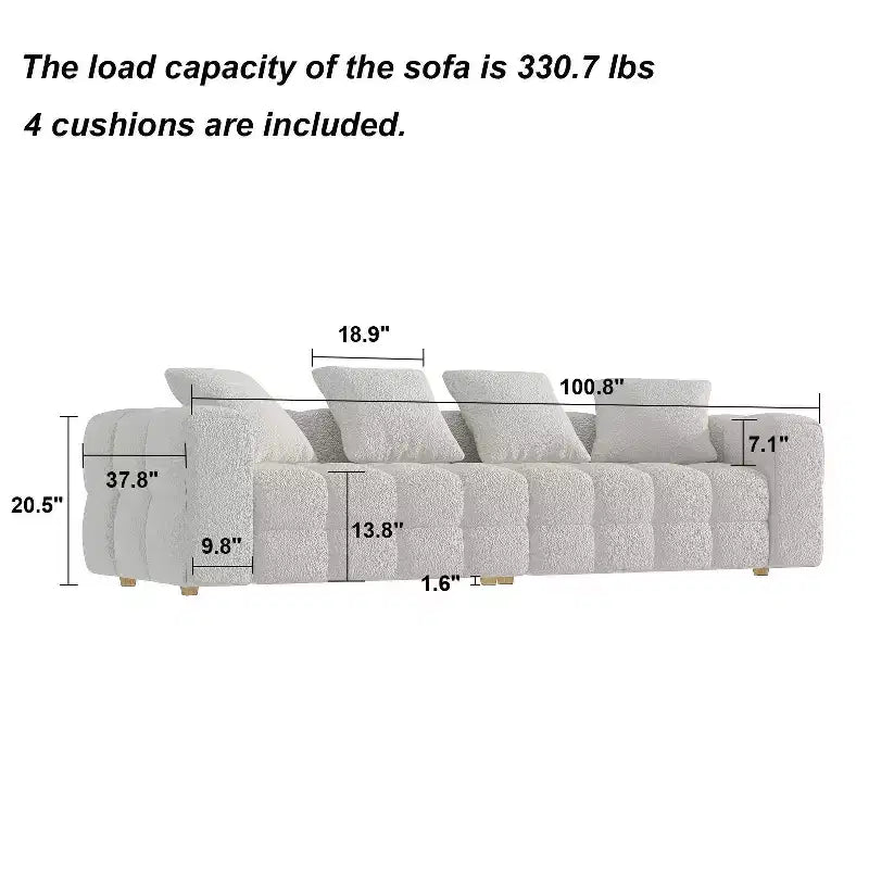 Canapé moderne 4 places en velours blanc « Teddy » 100,8 W avec base en bois massif