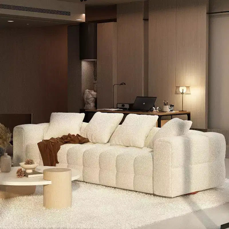 Canapé moderne 4 places en velours blanc « Teddy » 100,8 W avec base en bois massif