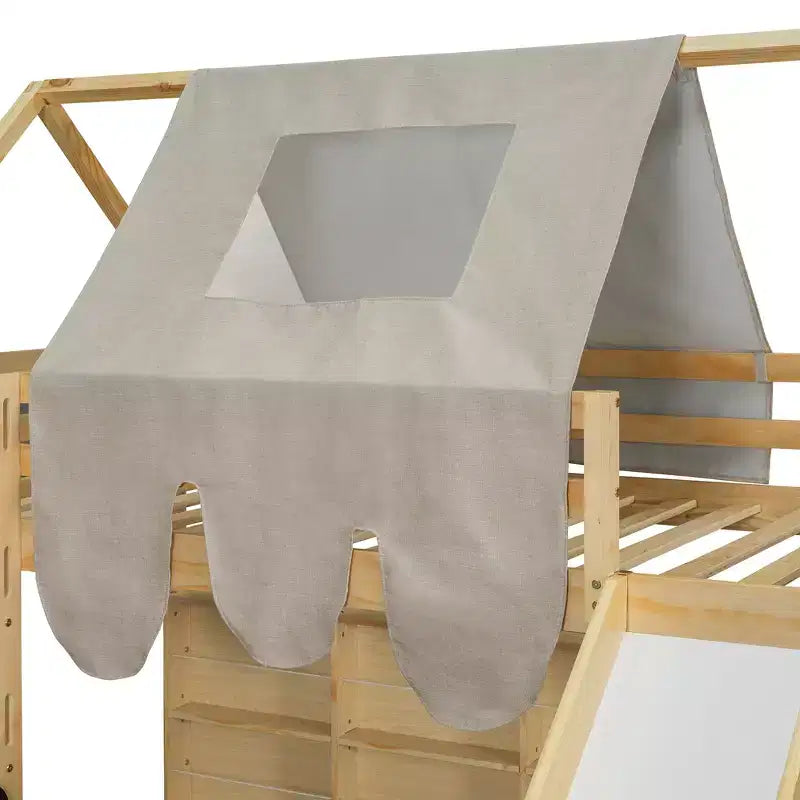 Lit mezzanine double/grand format avec cadre en forme de maison, tente et étagères de rangement, naturel/blanc-ModernLuxe