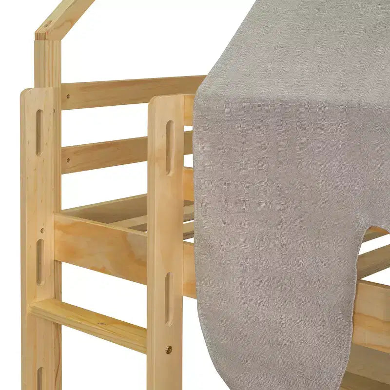 Lit mezzanine double/grand format avec cadre en forme de maison, tente et étagères de rangement, naturel/blanc-ModernLuxe