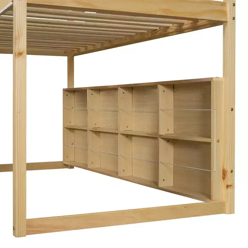 Lit mezzanine double/grand format avec cadre en forme de maison, tente et étagères de rangement, naturel/blanc-ModernLuxe