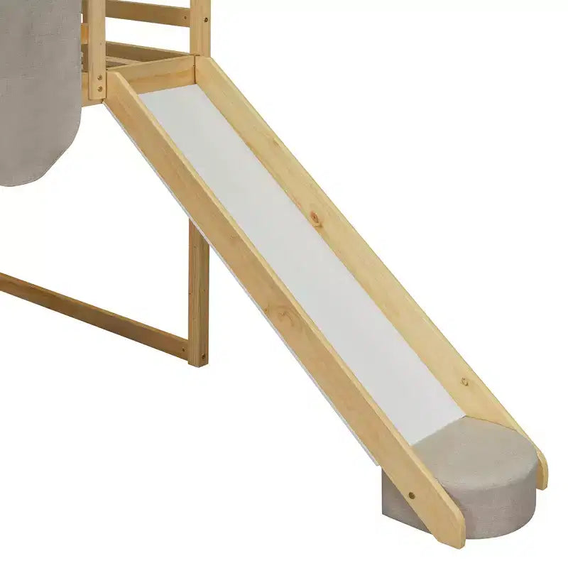 Lit mezzanine double/grand format avec cadre en forme de maison, tente et étagères de rangement, naturel/blanc-ModernLuxe