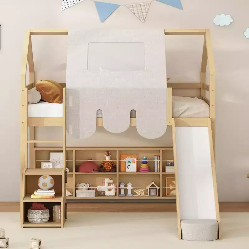 Lit mezzanine double/grand format avec cadre en forme de maison, tente et étagères de rangement, naturel/blanc-ModernLuxe
