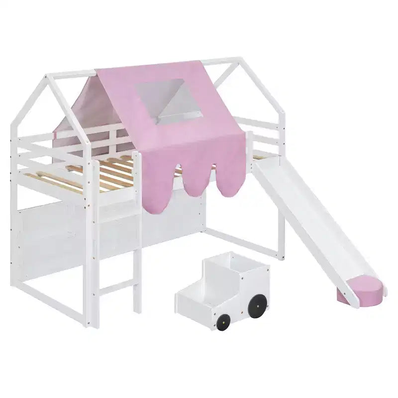 Lit mezzanine double/grand format avec cadre en forme de maison, tente et étagères de rangement, naturel/blanc-ModernLuxe