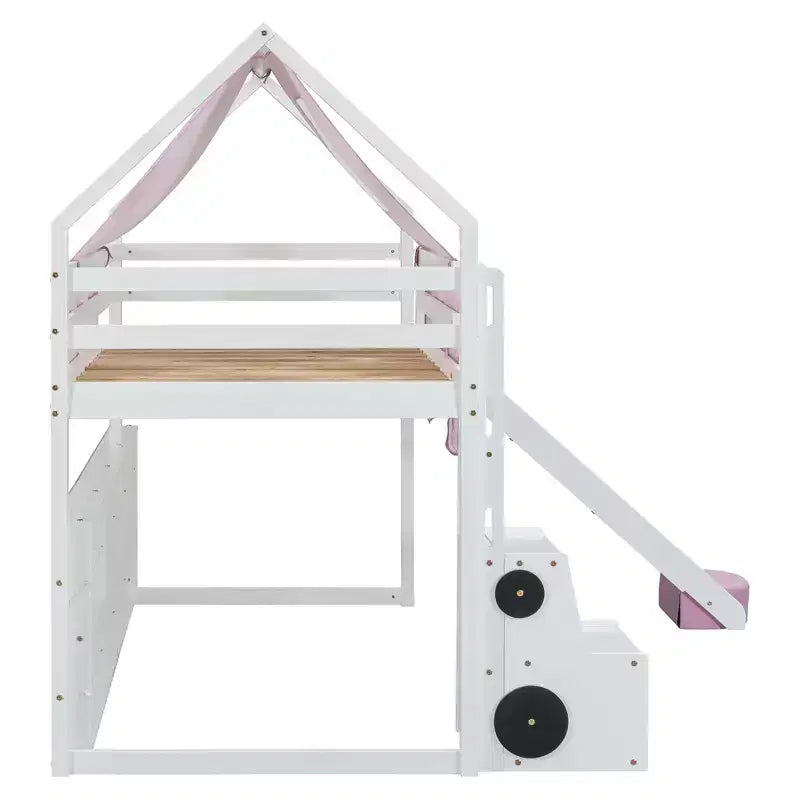 Lit mezzanine double/grand format avec cadre en forme de maison, tente et étagères de rangement, naturel/blanc-ModernLuxe