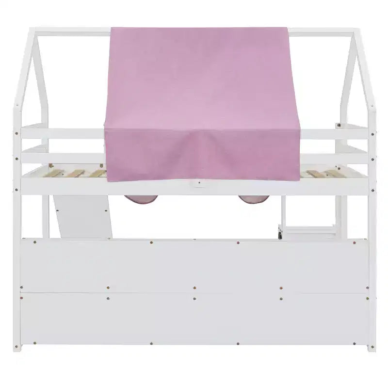 Lit mezzanine double/grand format avec cadre en forme de maison, tente et étagères de rangement, naturel/blanc-ModernLuxe
