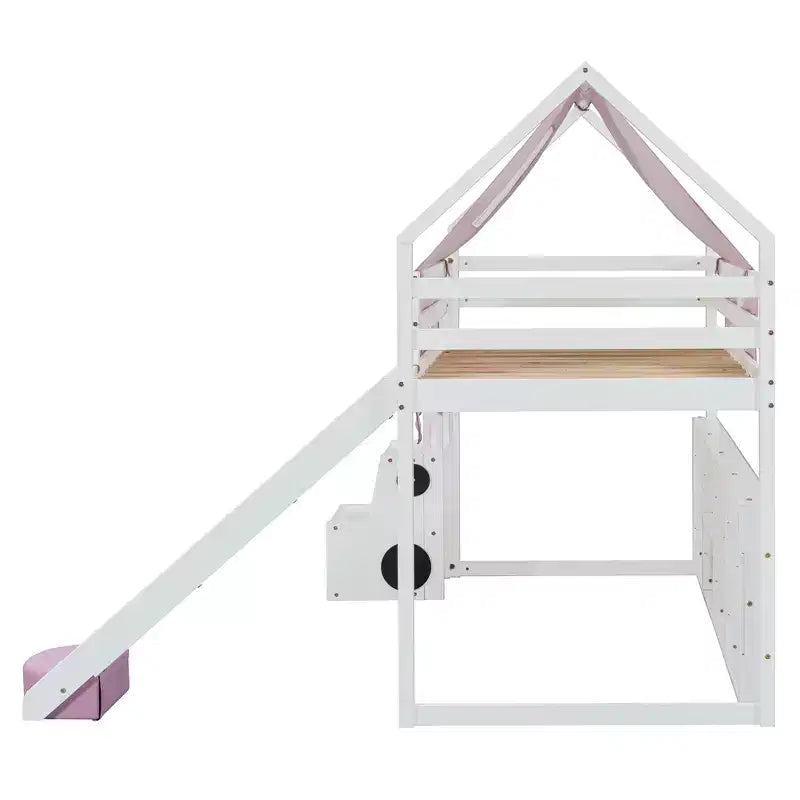 Lit mezzanine double/grand format avec cadre en forme de maison, tente et étagères de rangement, naturel/blanc-ModernLuxe