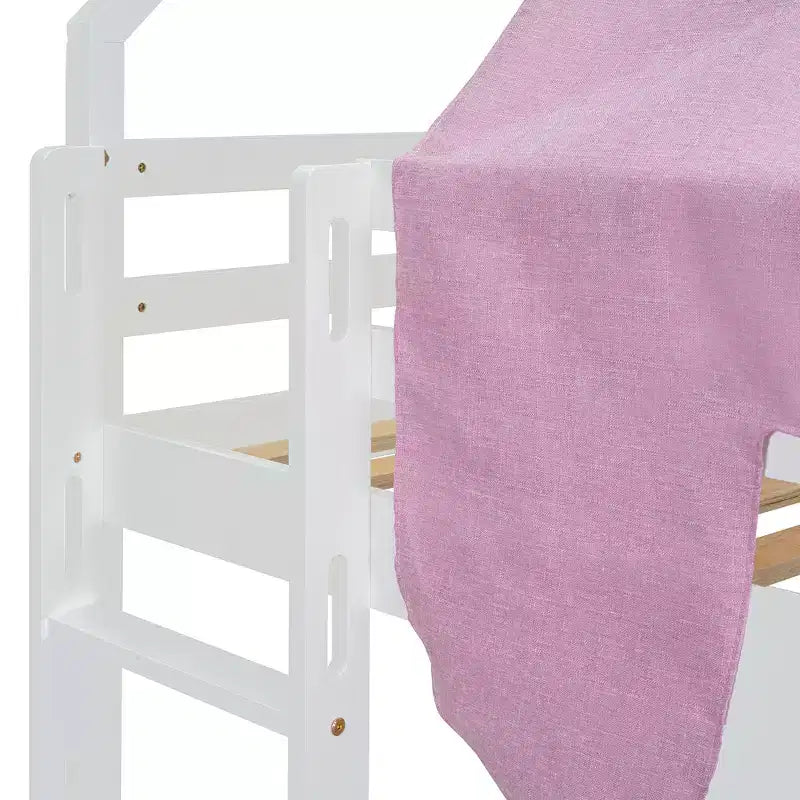Lit mezzanine double/grand format avec cadre en forme de maison, tente et étagères de rangement, naturel/blanc-ModernLuxe