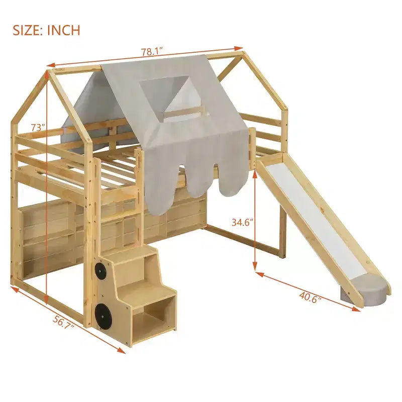 Lit mezzanine double/grand format avec cadre en forme de maison, tente et étagères de rangement, naturel/blanc-ModernLuxe