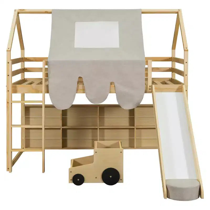 Lit mezzanine double/grand format avec cadre en forme de maison, tente et étagères de rangement, naturel/blanc-ModernLuxe