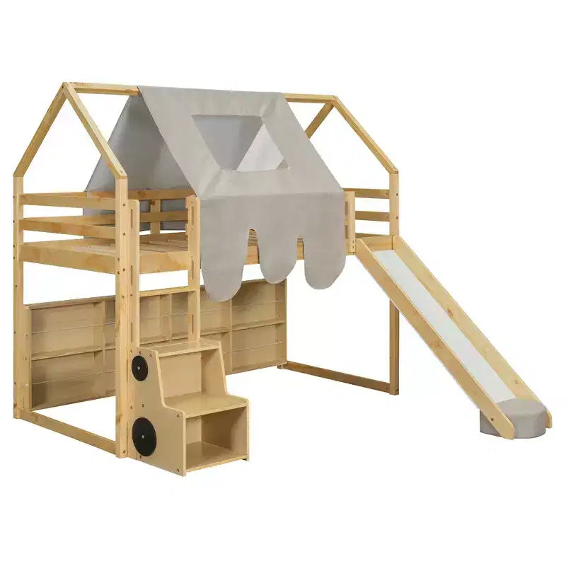 Lit mezzanine double/grand format avec cadre en forme de maison, tente et étagères de rangement, naturel/blanc-ModernLuxe