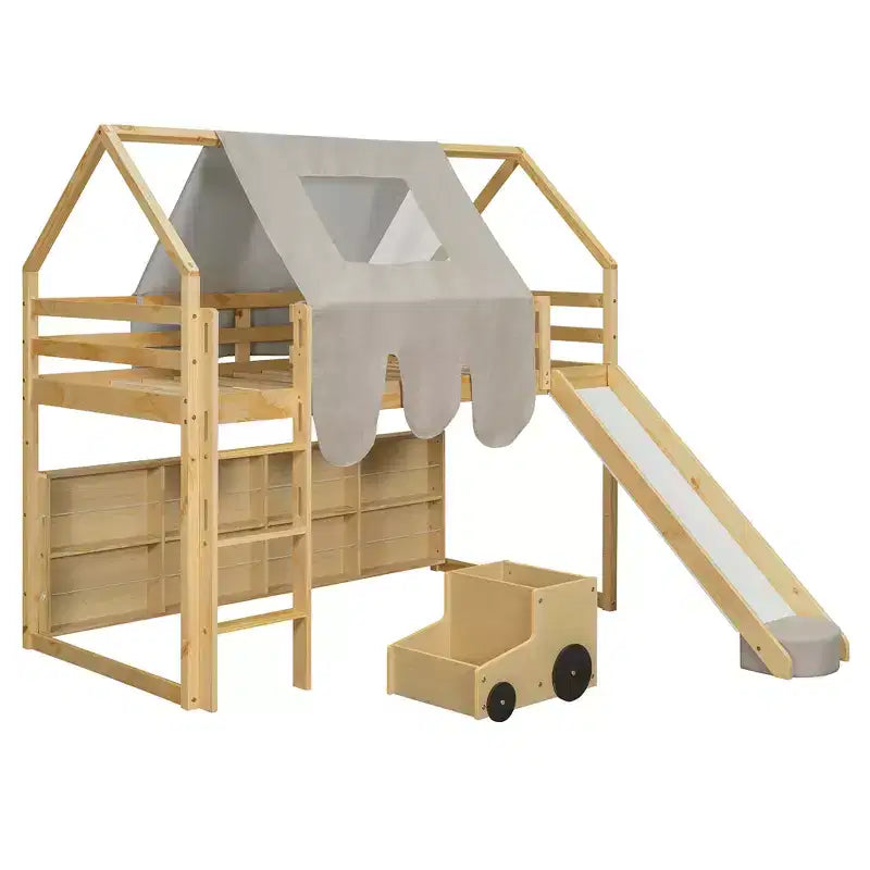 Lit mezzanine double/grand format avec cadre en forme de maison, tente et étagères de rangement, naturel/blanc-ModernLuxe