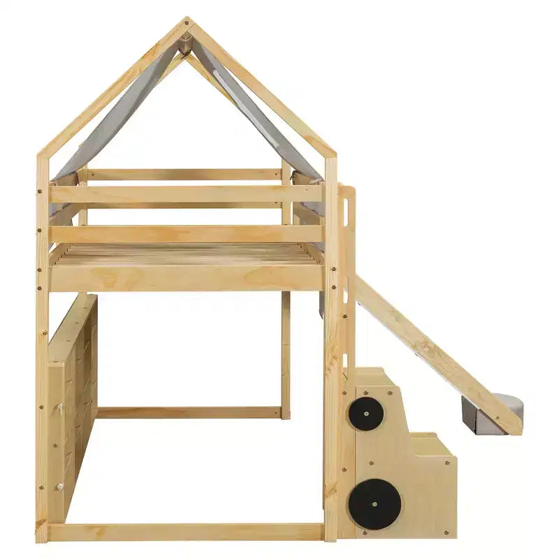 Lit mezzanine double/grand format avec cadre en forme de maison, tente et étagères de rangement, naturel/blanc-ModernLuxe