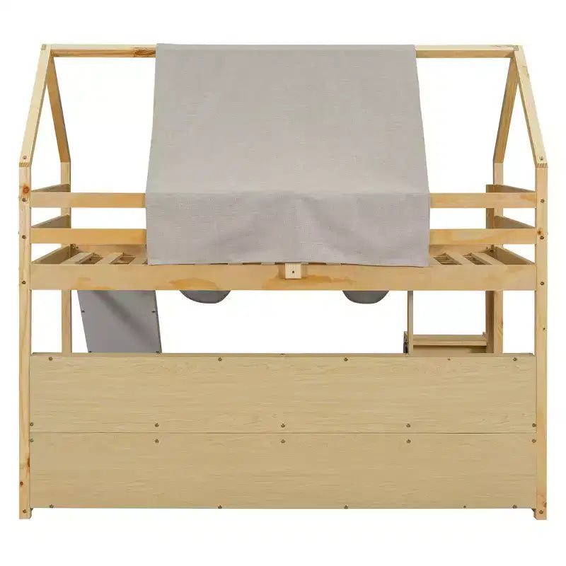 Lit mezzanine double/grand format avec cadre en forme de maison, tente et étagères de rangement, naturel/blanc-ModernLuxe