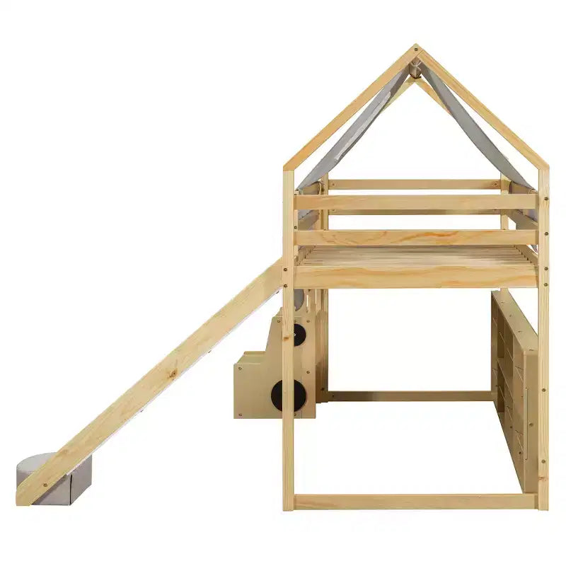 Lit mezzanine double/grand format avec cadre en forme de maison, tente et étagères de rangement, naturel/blanc-ModernLuxe