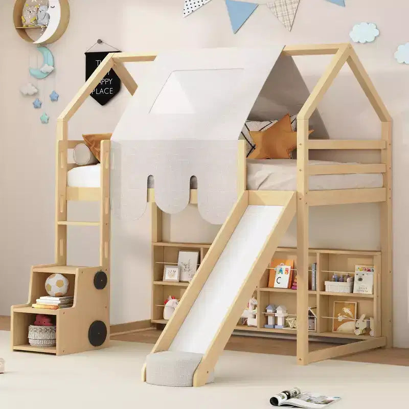 Lit mezzanine double/grand format avec cadre en forme de maison, tente et étagères de rangement, naturel/blanc-ModernLuxe
