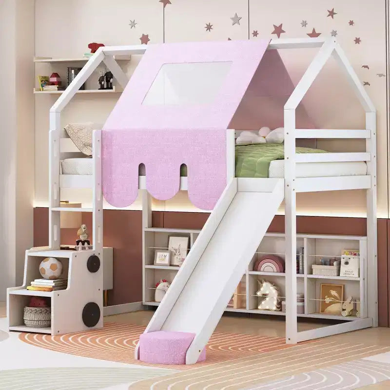 Twin/Full Size Loft Bed with House-shaped Frame, Tent and Storage Shelves, Natural/White-ModernLuxe