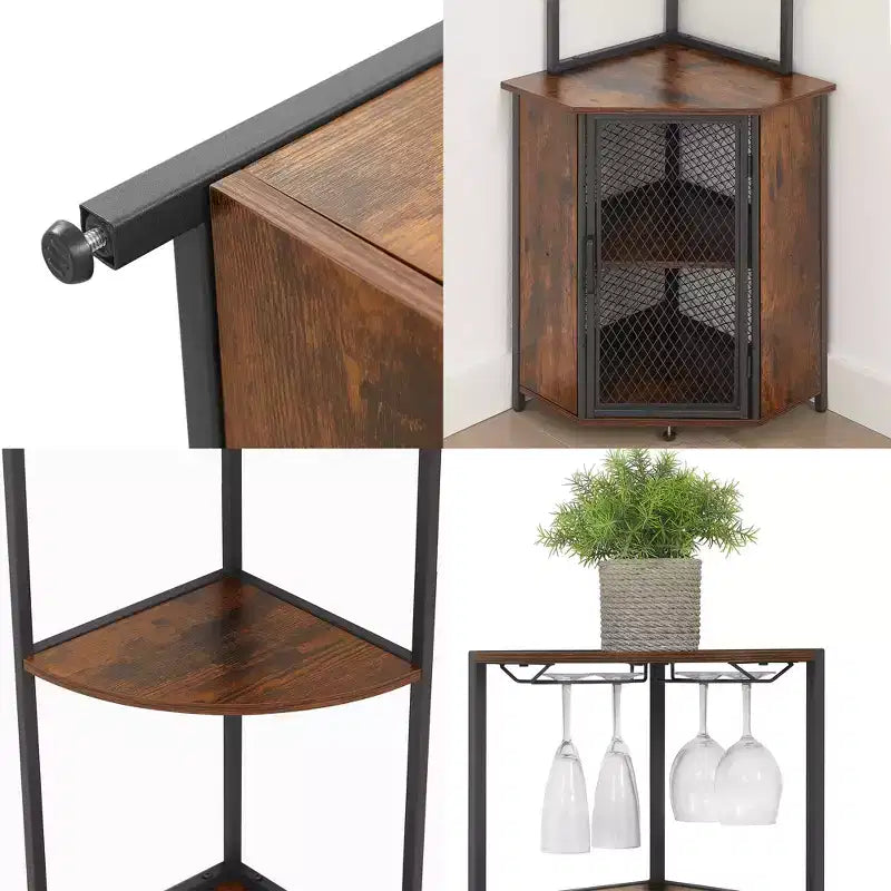 Étagère d'angle haute de 63 po à 6 niveaux, organisateur de meuble sur pied avec éclairage DEL et station de recharge, petit espace, brun/gris/doré