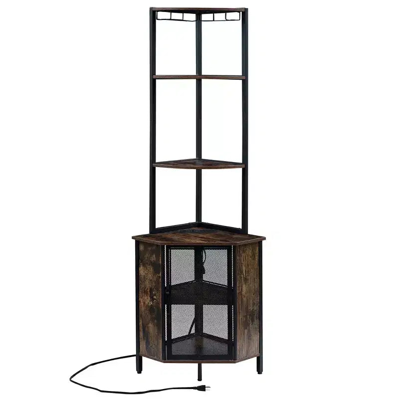 Étagère d'angle haute de 63 po à 6 niveaux, organisateur de meuble sur pied avec éclairage DEL et station de recharge, petit espace, brun/gris/doré