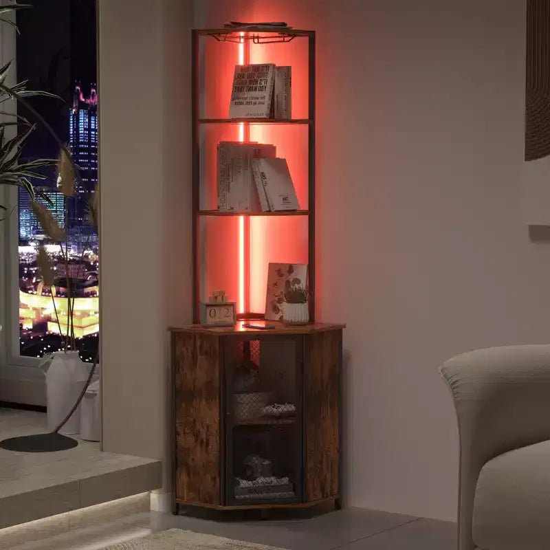 Étagère d'angle haute de 63 po à 6 niveaux, organisateur de meuble sur pied avec éclairage DEL et station de recharge, petit espace, brun/gris/doré