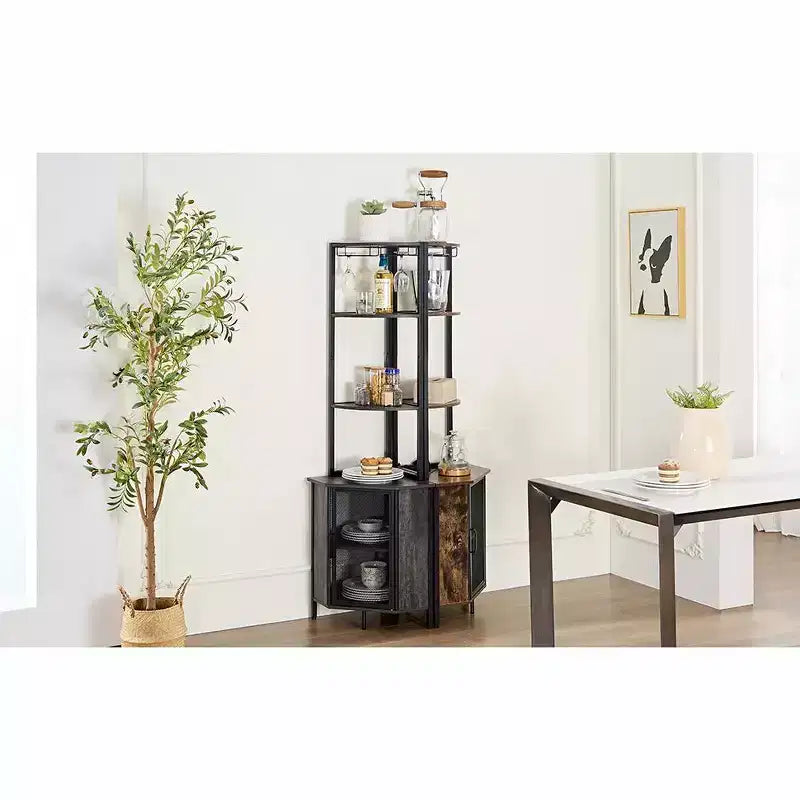 Étagère d'angle haute de 63 po à 6 niveaux, organisateur de meuble sur pied avec éclairage DEL et station de recharge, petit espace, brun/gris/doré