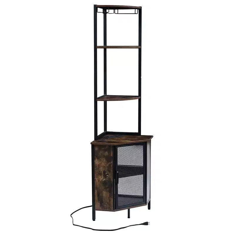 Étagère d'angle haute de 63 po à 6 niveaux, organisateur de meuble sur pied avec éclairage DEL et station de recharge, petit espace, brun/gris/doré