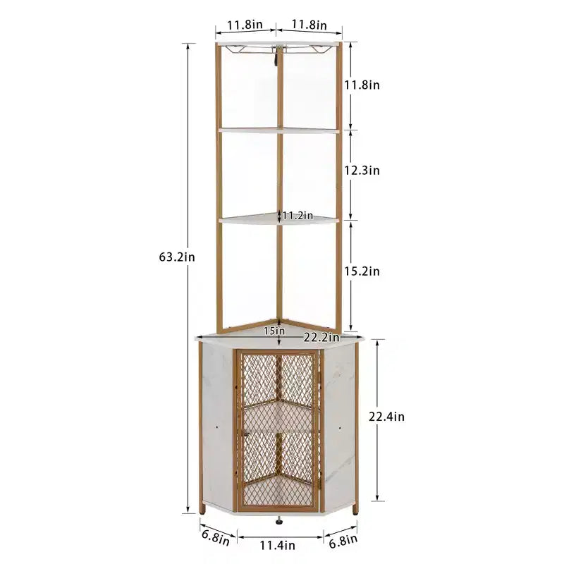 Étagère d'angle haute de 63 po à 6 niveaux, organisateur de meuble sur pied avec éclairage DEL et station de recharge, petit espace, brun/gris/doré