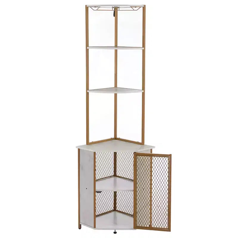 Étagère d'angle haute de 63 po à 6 niveaux, organisateur de meuble sur pied avec éclairage DEL et station de recharge, petit espace, brun/gris/doré