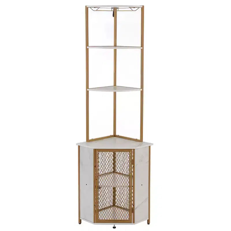 Étagère d'angle haute de 63 po à 6 niveaux, organisateur de meuble sur pied avec éclairage DEL et station de recharge, petit espace, brun/gris/doré
