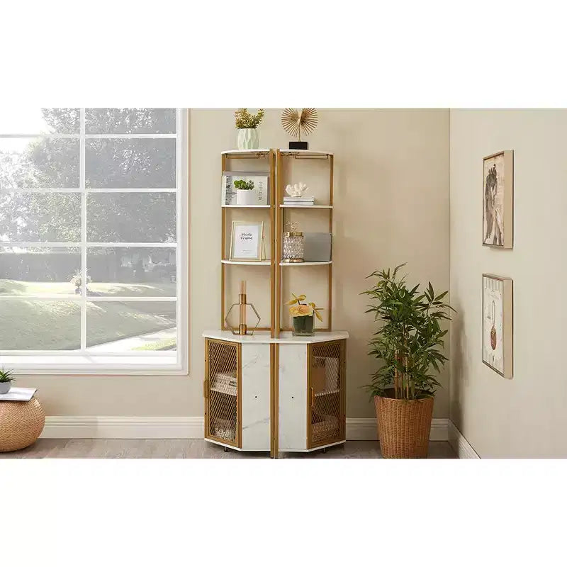 Étagère d'angle haute de 63 po à 6 niveaux, organisateur de meuble sur pied avec éclairage DEL et station de recharge, petit espace, brun/gris/doré