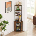 VECELO 63 Tall Corner Bookshelf 6-Tier Corner Shelf Standing Cabinet Organizer with LED Light and Charging Station, Small Space, Brown/Gray/Gold