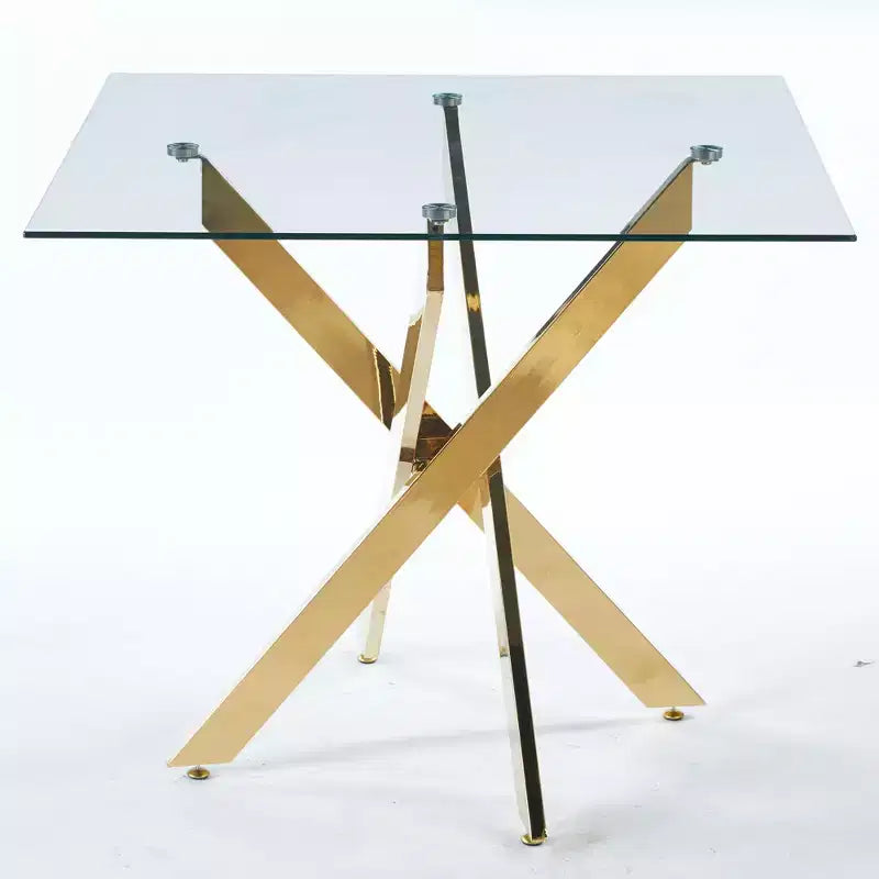 Table à manger moderne en verre trempé avec pieds croisés, peu encombrante