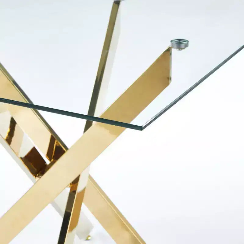 Table à manger moderne en verre trempé avec pieds croisés, peu encombrante