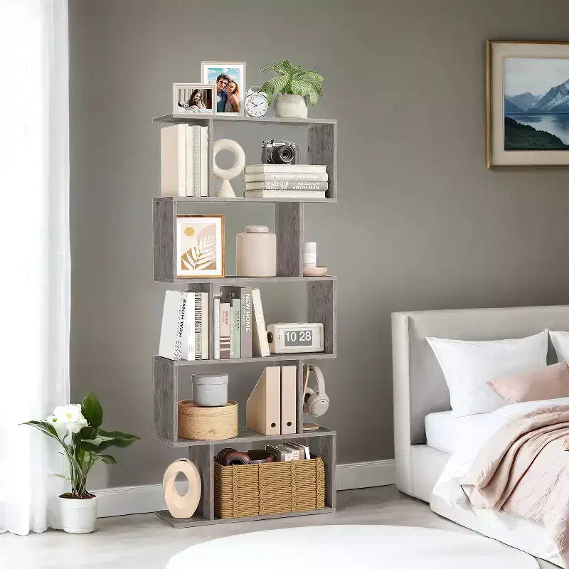 Étagère à 5 niveaux, Bibliothèque en forme de S, Étagère de rangement et de présentation, Séparateur de pièce autoportant, pour Bureau, Salon, Chambre à coucher