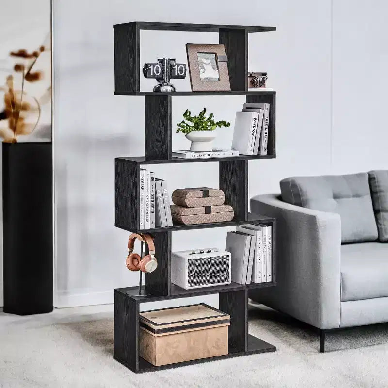 Étagère à 5 niveaux, Bibliothèque en forme de S, Étagère de rangement et de présentation, Séparateur de pièce autoportant, pour Bureau, Salon, Chambre à coucher