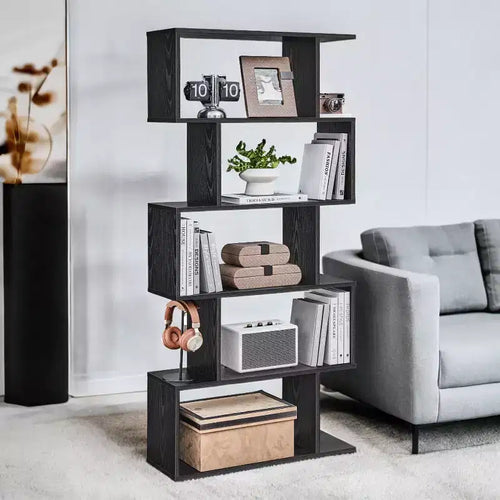 Étagère à 5 niveaux, Bibliothèque en forme de S, Étagère de rangement et de présentation, Séparateur de pièce autoportant, pour Bureau, Salon, Chambre à coucher