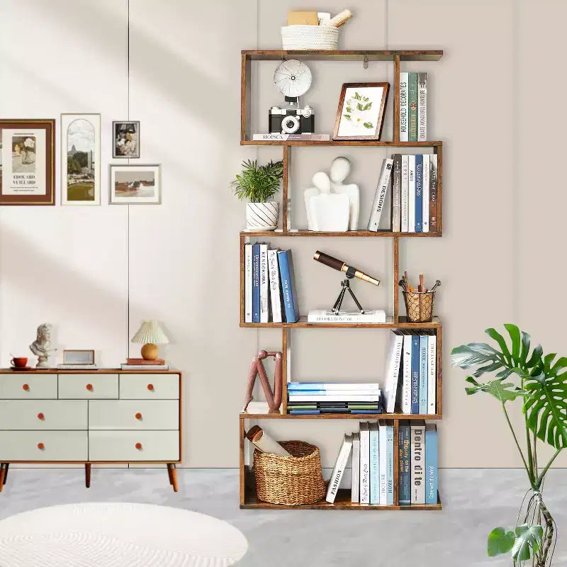 Étagère à 5 niveaux, Bibliothèque en forme de S, Étagère de rangement et de présentation, Séparateur de pièce autoportant, pour Bureau, Salon, Chambre à coucher