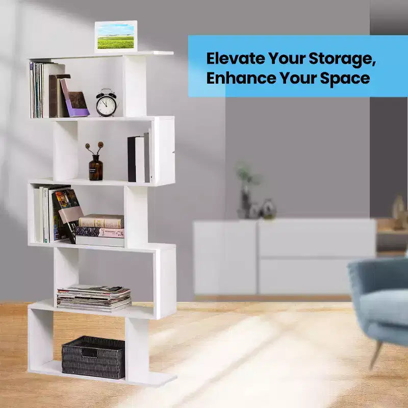 Étagère à 5 niveaux, Bibliothèque en forme de S, Étagère de rangement et de présentation, Séparateur de pièce autoportant, pour Bureau, Salon, Chambre à coucher