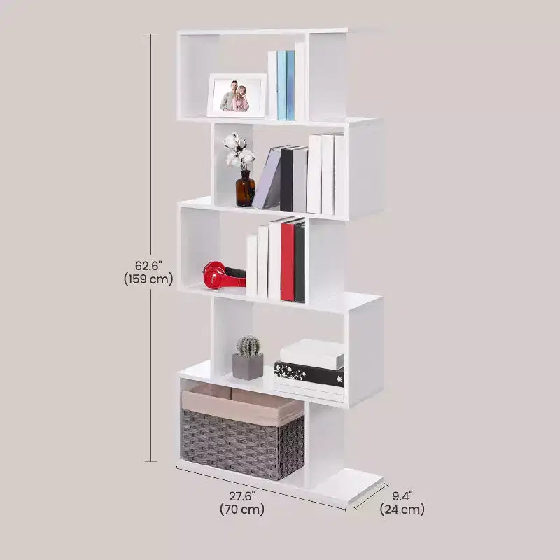 Étagère à 5 niveaux, Bibliothèque en forme de S, Étagère de rangement et de présentation, Séparateur de pièce autoportant, pour Bureau, Salon, Chambre à coucher