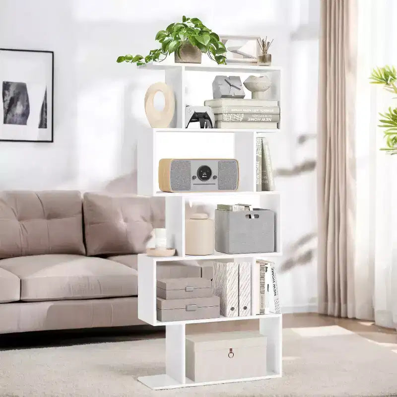 Étagère à 5 niveaux, Bibliothèque en forme de S, Étagère de rangement et de présentation, Séparateur de pièce autoportant, pour Bureau, Salon, Chambre à coucher